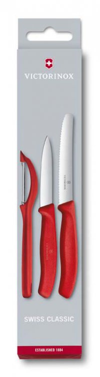 Набор из 3 ножей для овощей VICTORINOX: нож 8 см, нож 11 см, овощечистка, красная рукоять - Нож для овощей
