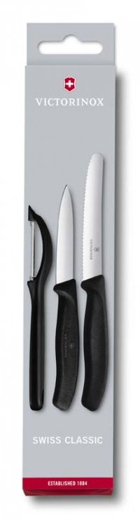 Набор из 3 ножей для овощей VICTORINOX: нож 8 см, нож 11 см, овощечистка, чёрная рукоять - Нож для овощей